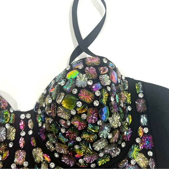 AB Rhinestone Encrusted Corset Bra Bustier Crop Top EDC RAVE FUN FESTIVAL FLIRTY - Picture 5 of 10